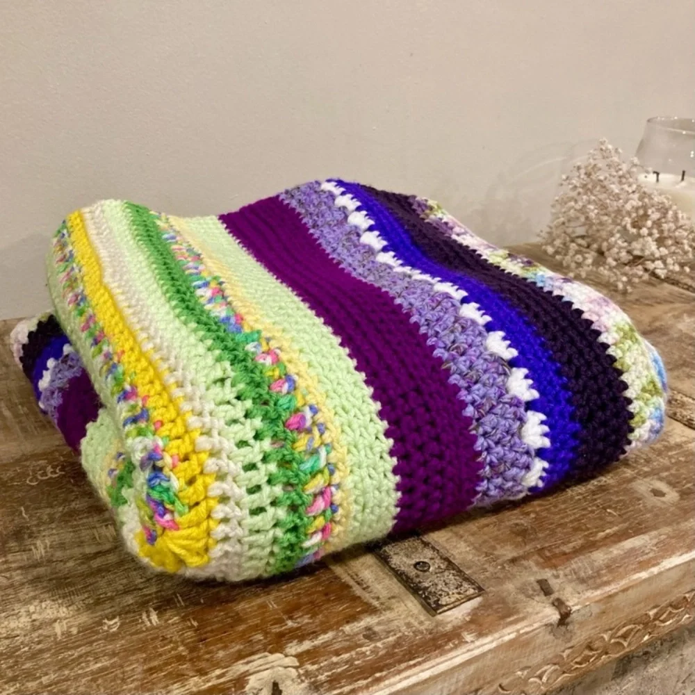 Small Handmade Crocheted Throw Blanket 54” x 52” Purple Green Yellow Pink